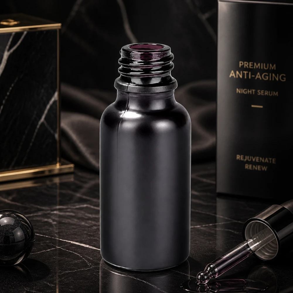 Frasco de farmacia BlackLine UT18/20 de 20 ml con elegante diseño de vidrio negro para cosméticos de primera calidad