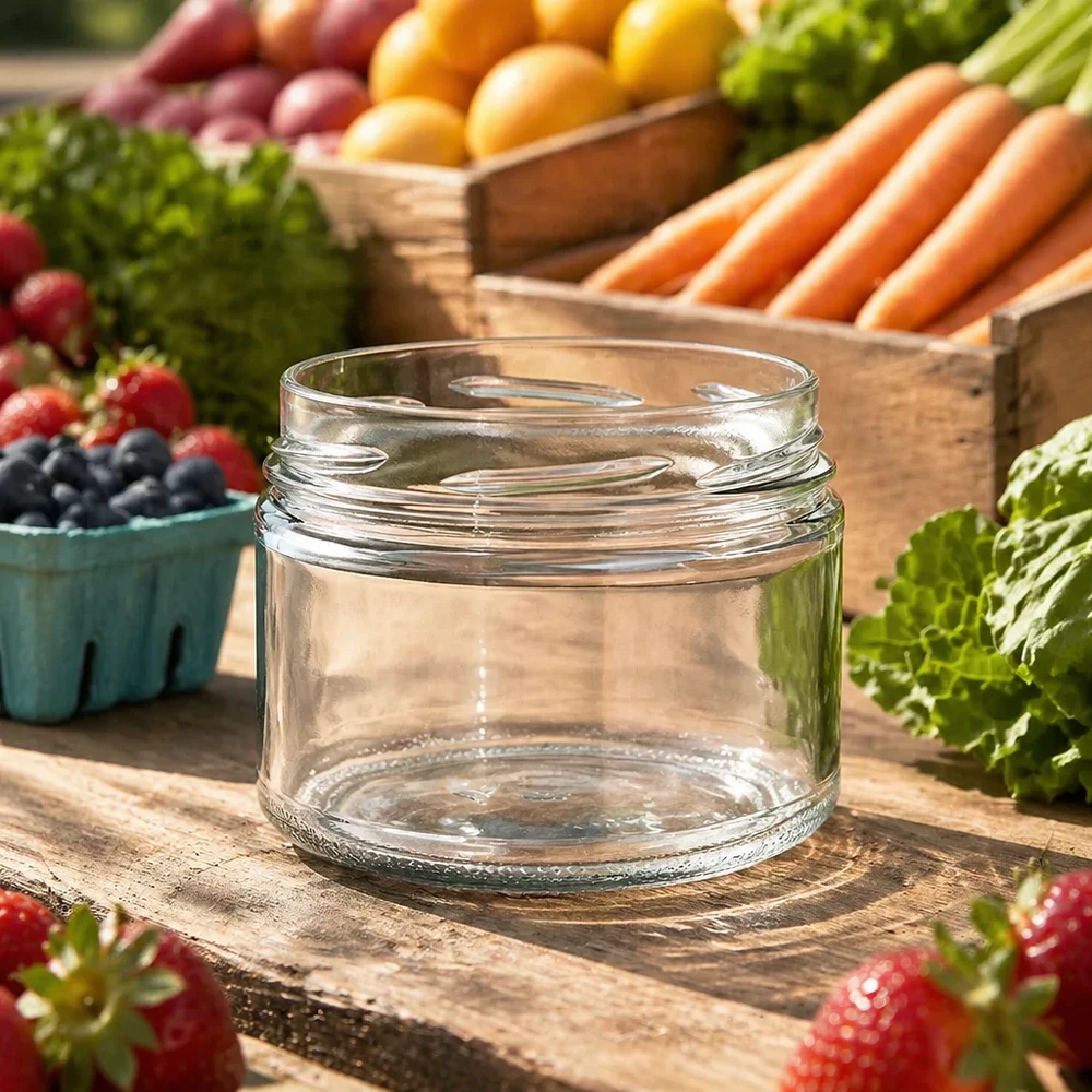 Vasos vacíos UNiTWIST Runda540 540ml TO100 sobre una mesa de madera con frutas y verduras frescas de fondo