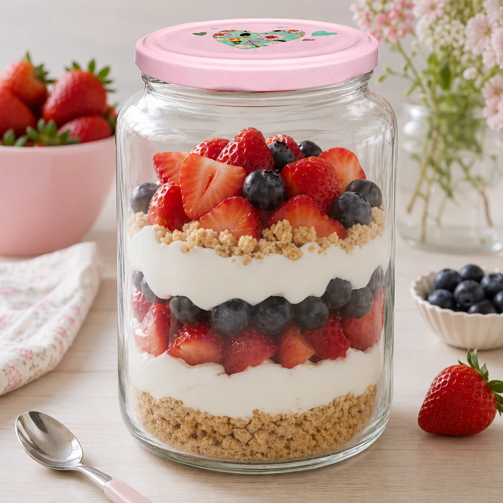Tarro redondo 795ml + tapa BasicSeal rosa corazón UNiTWIST Rundglas 795ml mit rosa Herzdeckel gefüllt mit Beeren-Schichtdessert Parfait Anwendungsbeispiel für Desserts und Süßspei