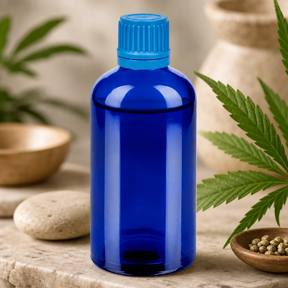 Frasco farmacéutico de vidrio BlueLine de 100 ml con precinto de seguridad y rosca UT18