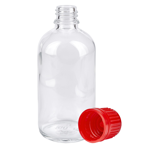 Botella 100ml 11mm tapón rosca rojo ClearLine UT18/100 Frasco de cristal ClearLine de 100 ml, modelo UT18, con tapón de seguridad para niños rojo de 11 mm, abierto
