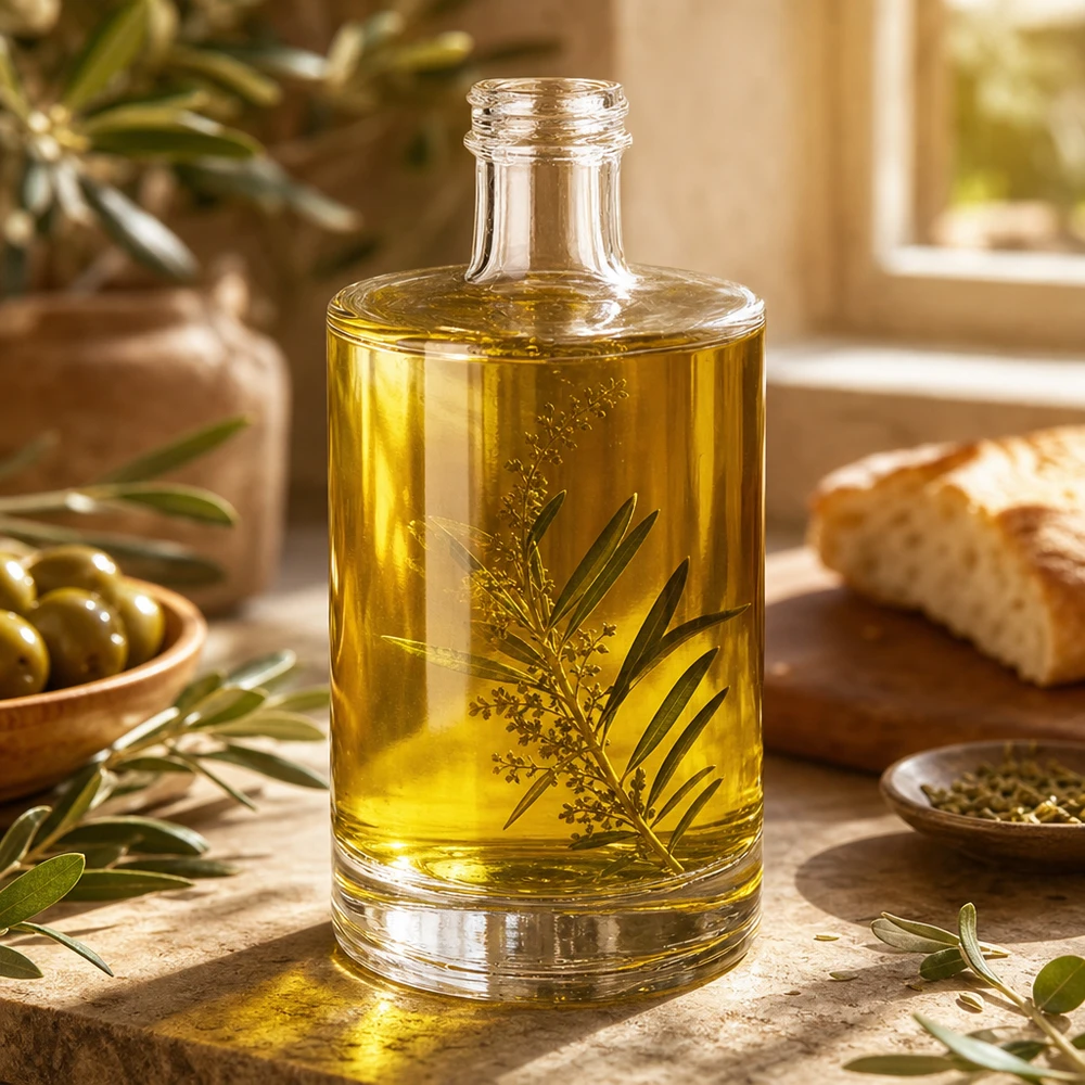Botella de vidrio de 500 ml «Sam» sin tapón de rosca UNiTWIST® Botella de cristal de 500 ml Sam rellena de aceite de oliva y hierbas aromáticas Ejemplo de uso Cocina mediterránea Decoración