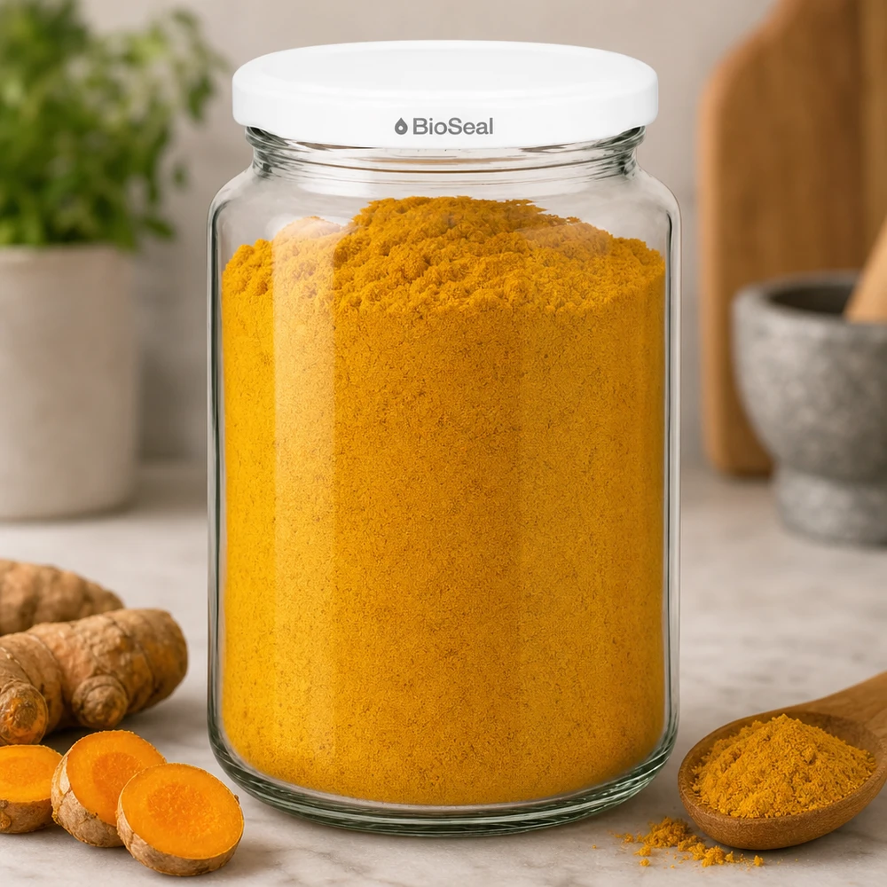 UNiTWIST Runda382 lleno de cúrcuma en polvo - almacenamiento de especias en un tarro de cristal con tapa blanca TO66 BioSeal
