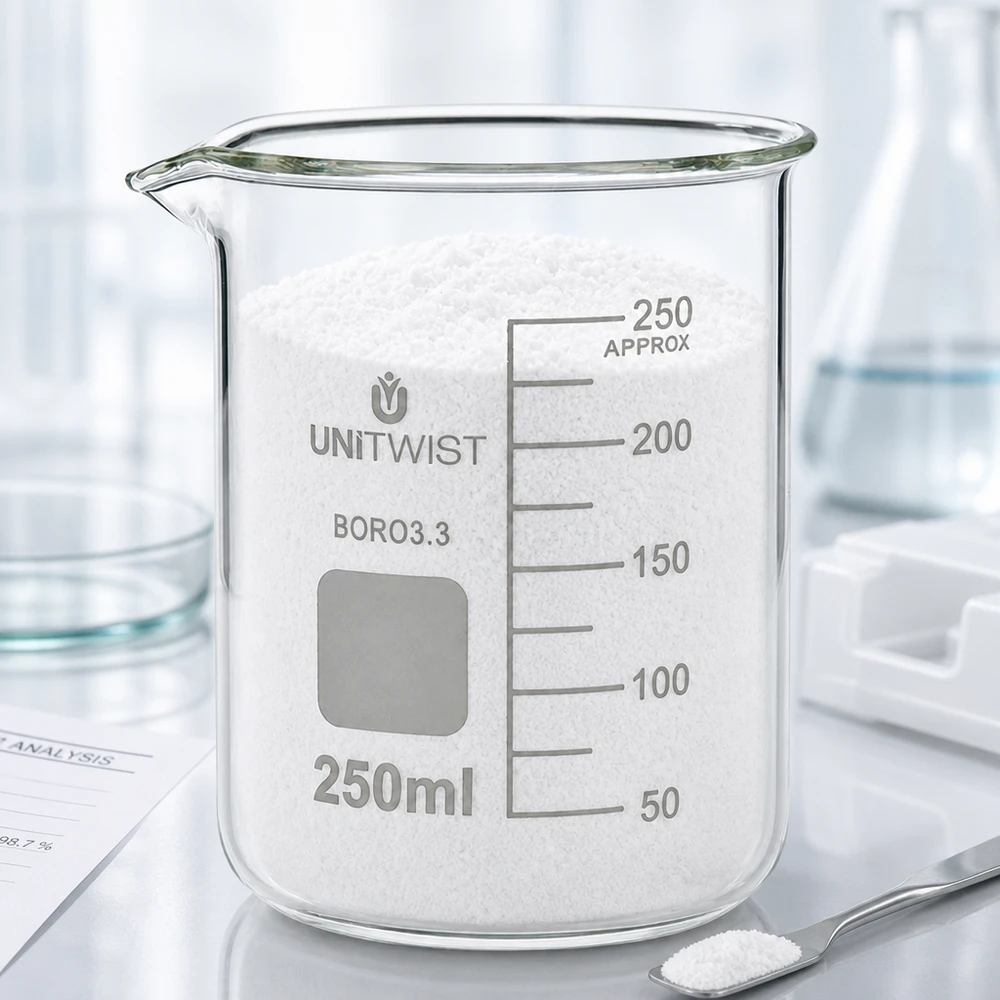Vaso de precipitados de 250 ml, de forma baja, lleno de polvo blanco sobre una base de laboratorio UNiTWIST