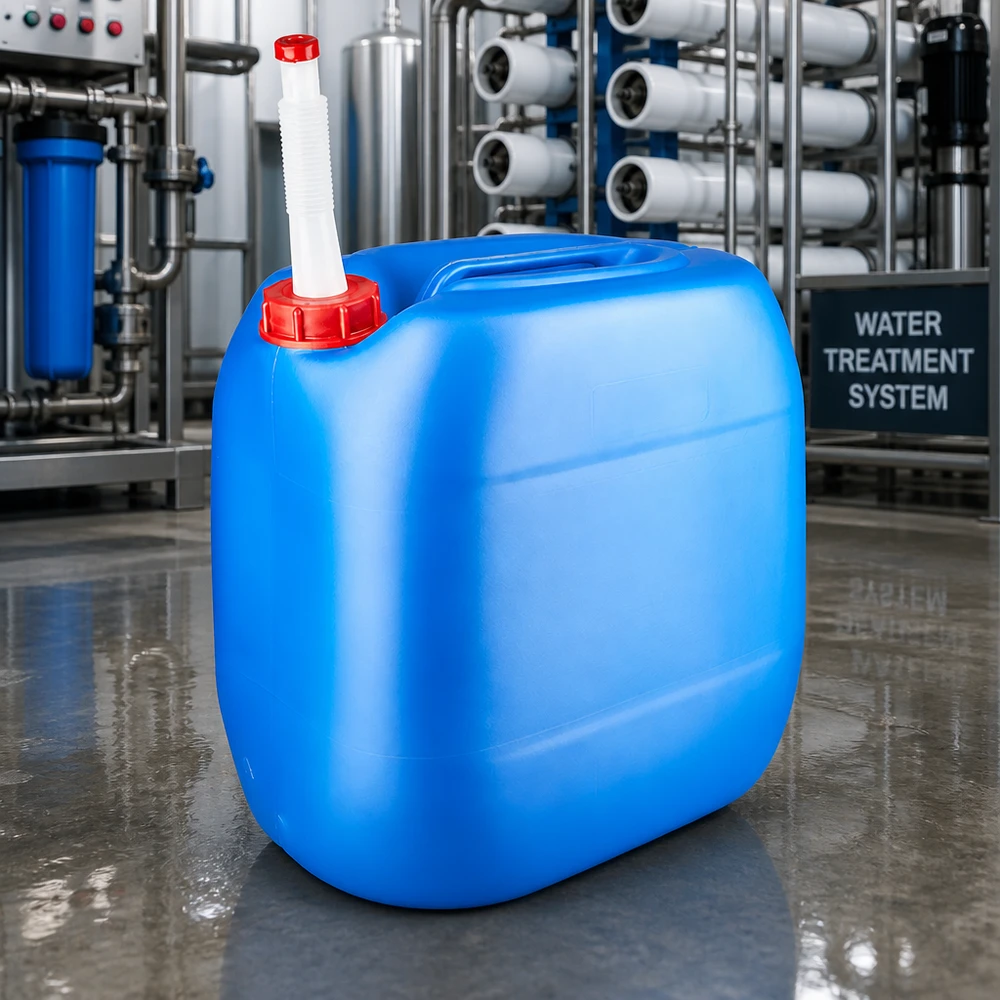 Bidón 30 litros azul con tubo de salida Flex Bidón azul de HDPE de 30 litros con tubo de salida en una planta de tratamiento de agua