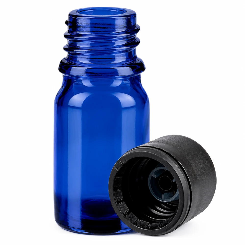 Frasco cuentagotas de cristal azul de 5 ml con tapón negro para cosméticos y perfumes