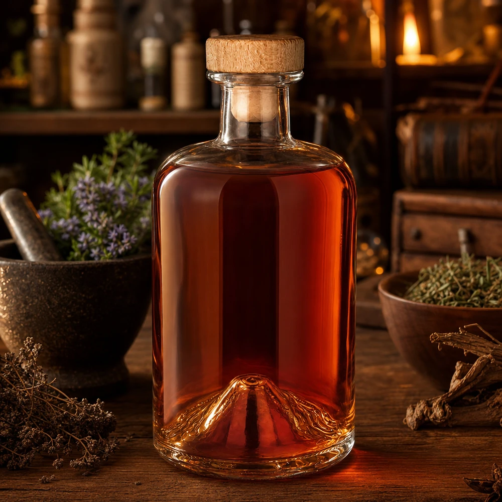 Botella de cristal Sofia UNiTWIST de 500 ml llena de líquido de color ámbar en una cocina rústica con hierbas aromáticas