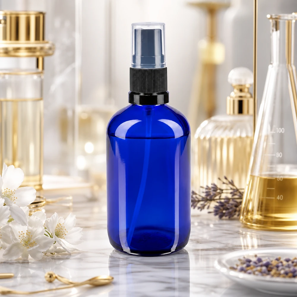 Frasco pulverizador azul de 100 ml de cristal de farmacia con pulverizador negro sobre una superficie de mármol en un entorno de laboratorio