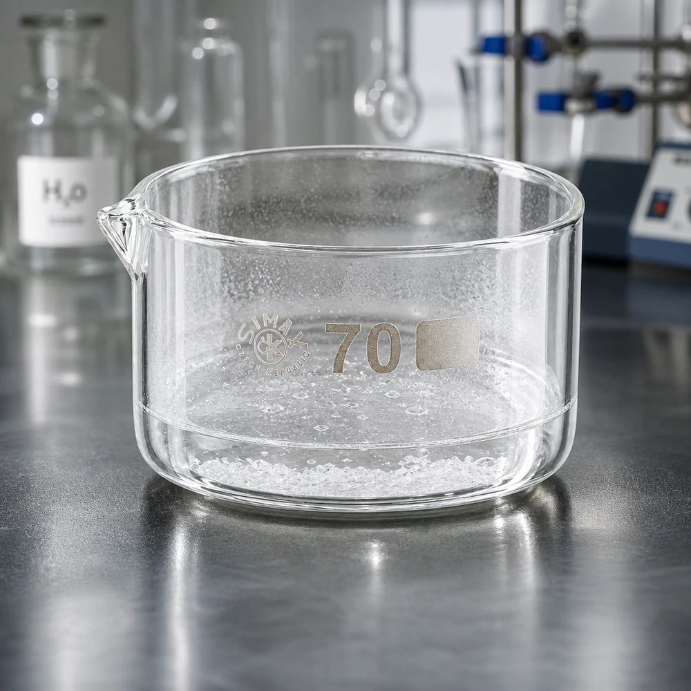 Cuenco de cristalización transparente de 70 mm de diámetro con pico vertedor, fabricado en vidrio borosilicato de alta calidad