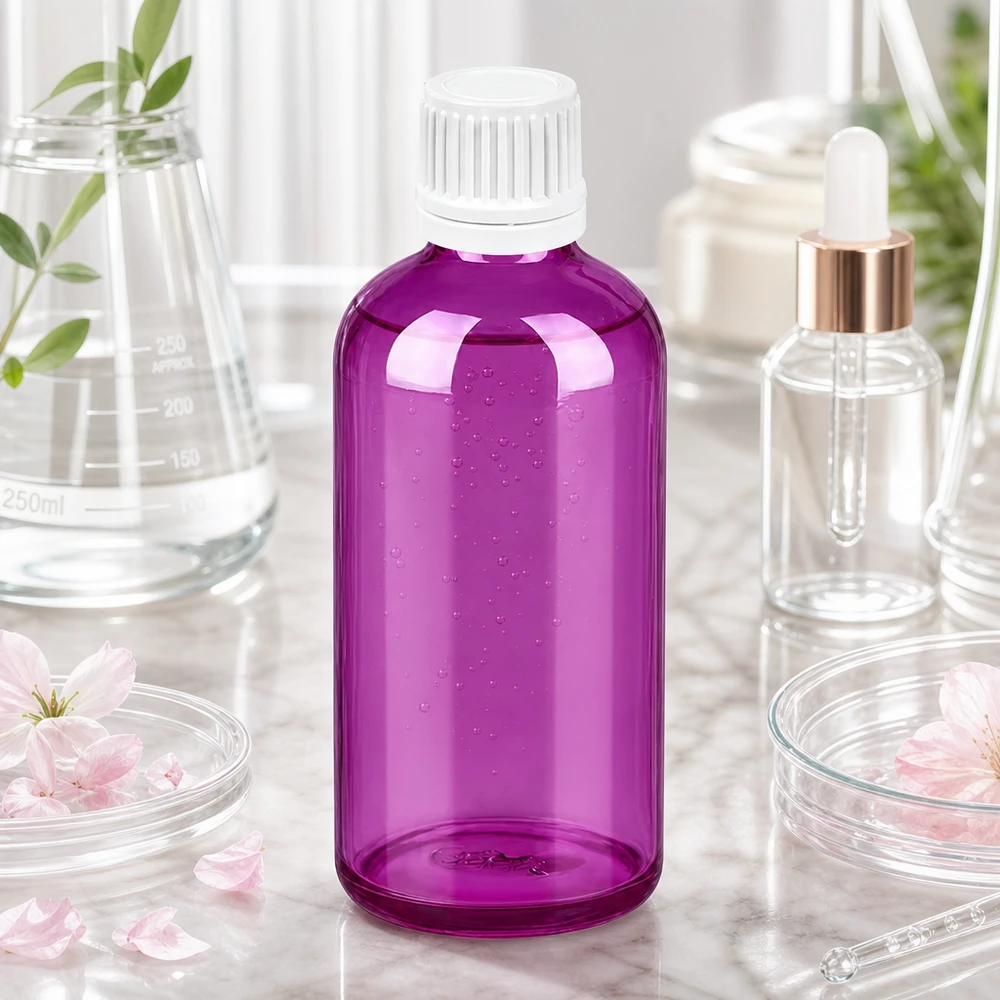 Frasco PurpleLine de 100 ml en elegante color morado con tapón de rosca blanco de 11 mm para aplicaciones de laboratorio