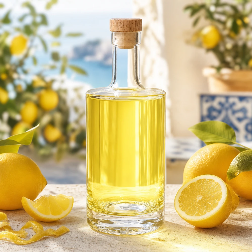 Botella de vidrio de 500 ml «Nora» con tapón de corcho con asa de madera UNiTWIST® Botella de cristal de 500 ml Nora rellena de licor de limón decoración mediterránea tapón de madera UNiTWIST cítricos