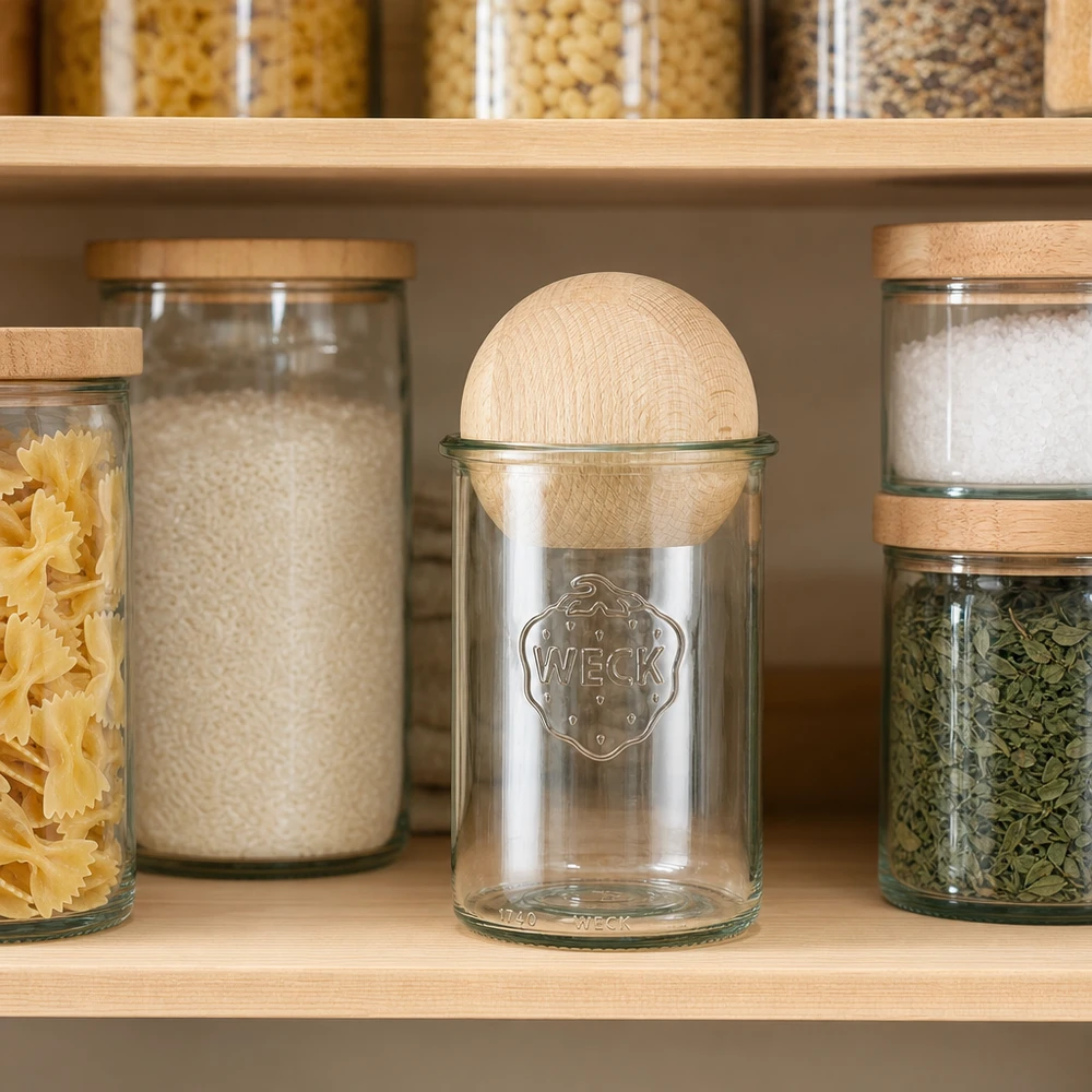 Vasos de 1000ml WECK RR100 con bola de madera de haya WECK Vorratsglas 1000ml RR100 mit Buchenkugel in moderner Küche zwischen Pasta, Reis und Gewürzen zur stilvollen Aufbewa