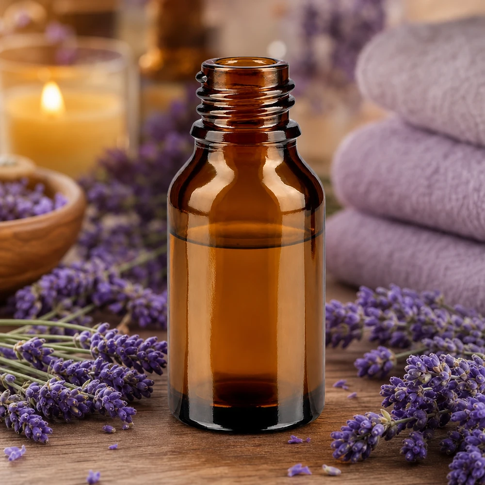 Frasco boticario marrón ApoGlas de 15 ml con flores de lavanda y toallas en un relajante ambiente de spa