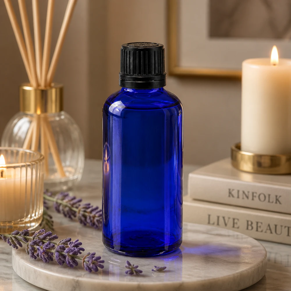 Frasco de farmacia azul de 50 ml con tapón OV, junto a flores de lavanda y velas perfumadas