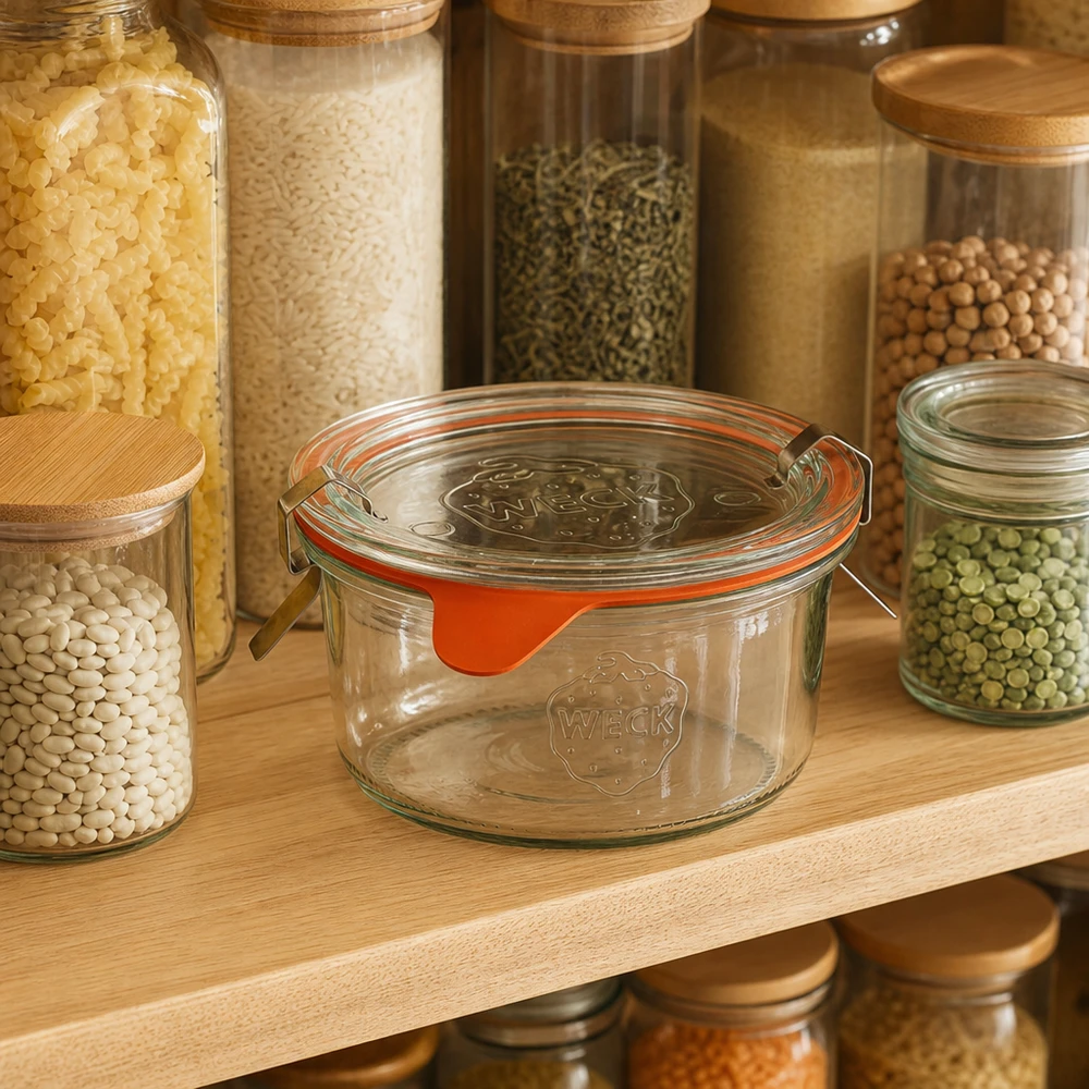 Vasos de 165ml completos WECK RR80 WECK 165ml RR80 mason jar en la despensa organizada entre tarros de conserva con arroz, lentejas y especias