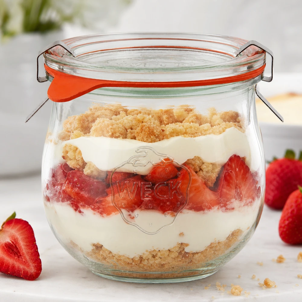 WECK tarro tulipán 370ml RR80 como tarro de postre lleno de fresas y sprinkles junto a la fruta fresca