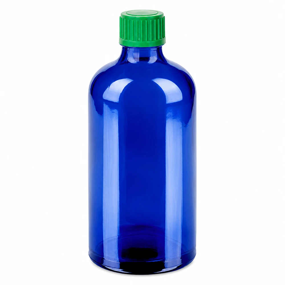 Frasco cuentagotas azul de 100 ml con tapón verde e inserto cuentagotas de 0,8 mm para una dosificación precisa