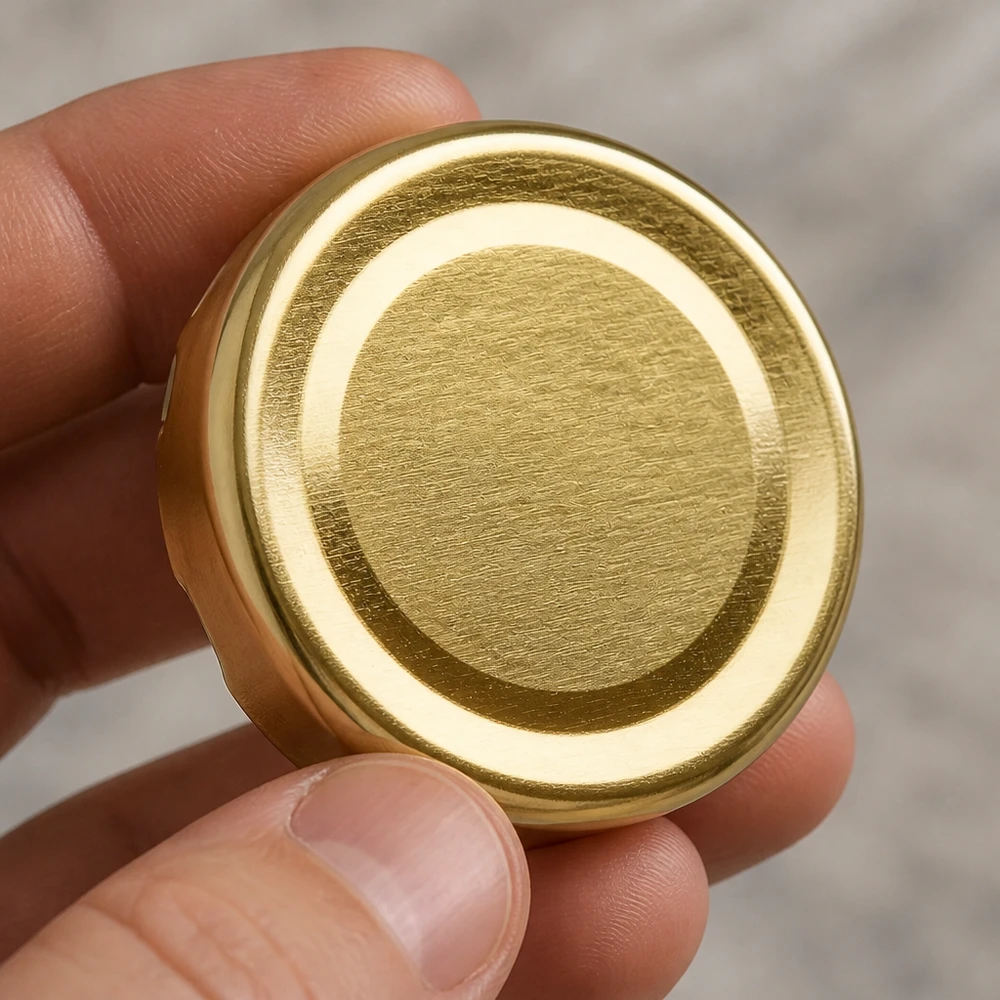 Tapa redonda de chapa dorada de 48 mm TO48 BasicSeal UniTwist con soporte para los dedos. Vista desde arriba