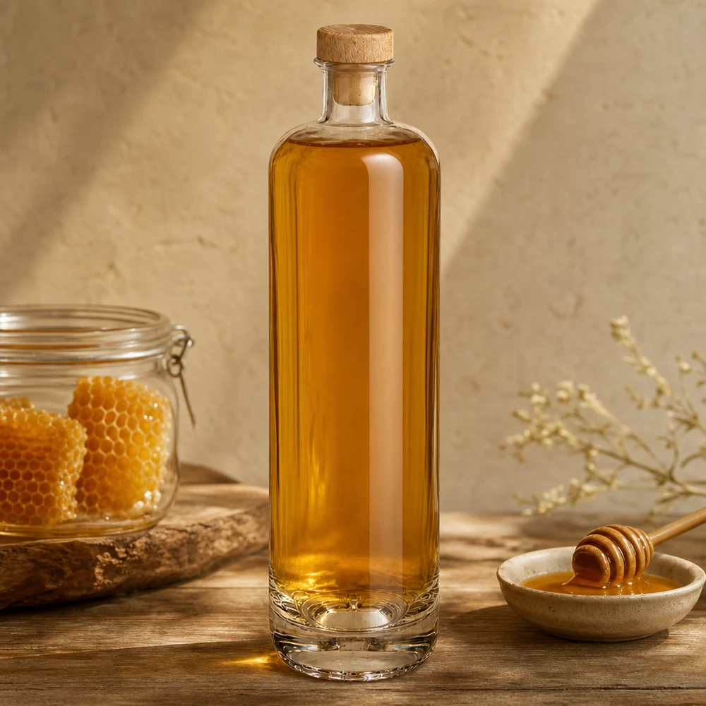 Botella de vidrio de 700 ml «Ella» con tapón de corcho con asa de madera UNiTWIST® Botella de cristal de 700 ml de Ella llena de miel y corcho de madera junto a un panal y una cuchara de miel sobre una base de madera