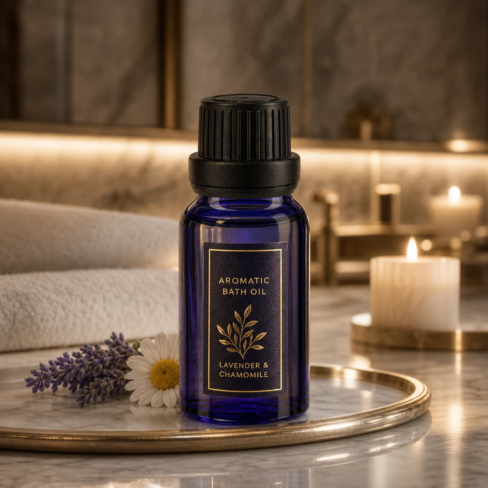 Frasco de farmacia azul de 10 ml con gotero para aceite de baño de lavanda y manzanilla, sobre una bandeja de baño