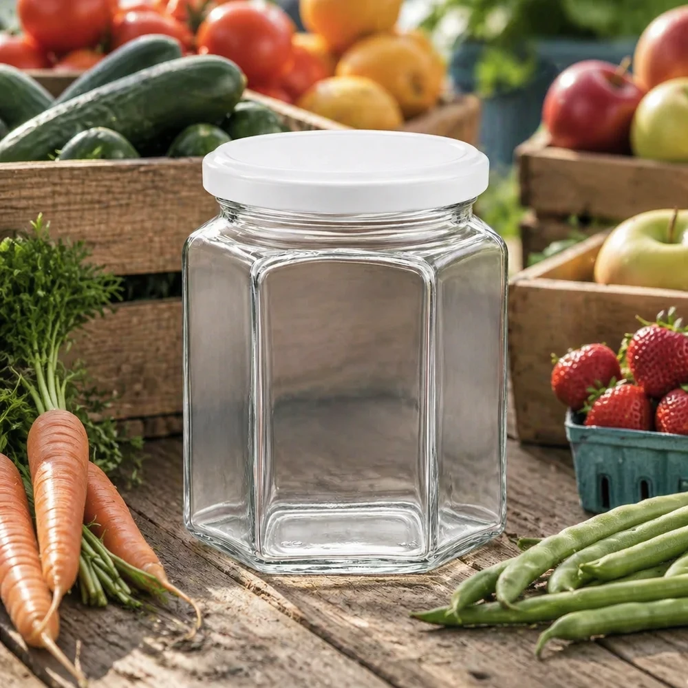 400g tarro de miel hexagonal vacío con tapa blanca entre las verduras frescas y frutas en mesa de madera en el estilo de casa de campo