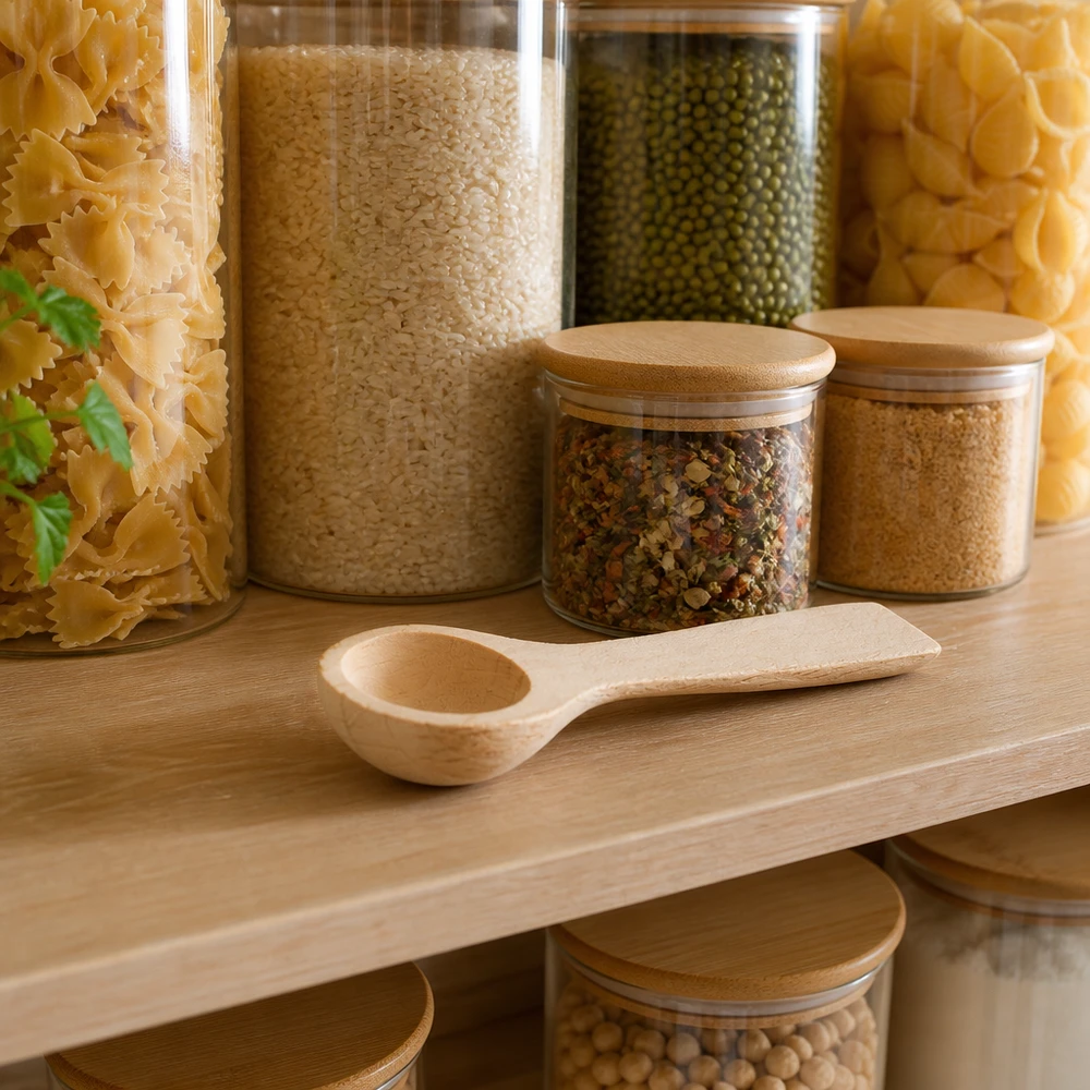 Pala de madera tamaño S forma cuchara - 77mm largo Pala de madera S en despensa cocina con pasta arroz lentejas especias almacenamiento organizado gadget de cocina sostenible