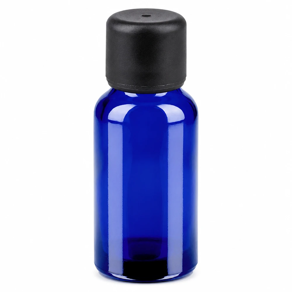 Frasco de vidrio azul 20ml con tapón negro SV 6mm para aceites esenciales y cosméticos