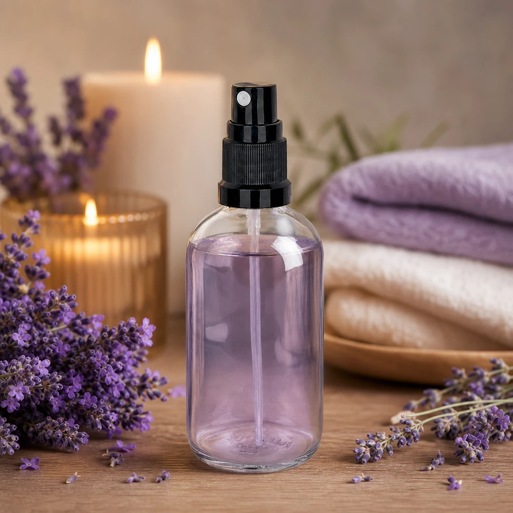Frasco pulverizador de 100 ml negro/transparente tapón estándar ClearLine UT18/100 Frasco pulverizador de cristal de 100 ml con atomizador negro sobre una mesa de madera, rodeado de flores de lavanda