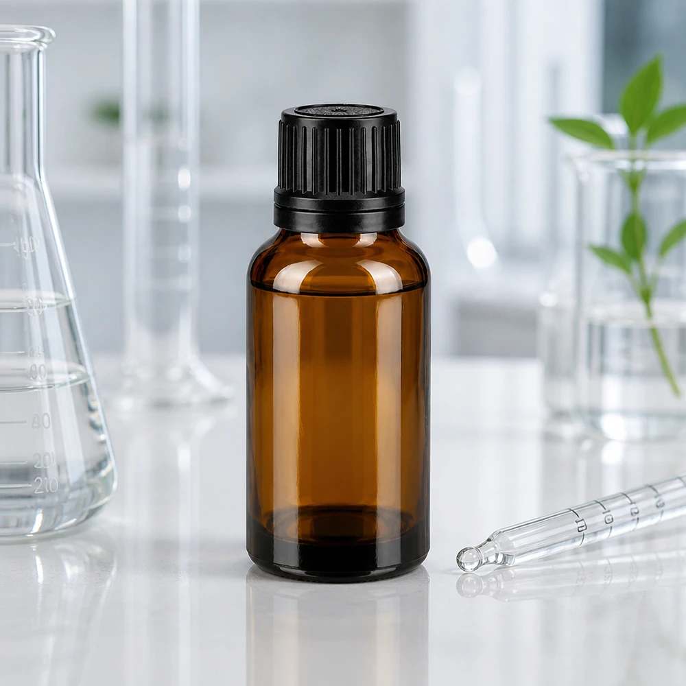 Botella de farmacia marrón 20ml tapón cuentagotas anillo vertedor 1mm tapón inviolable negro Frasco cuentagotas de vidrio ámbar de 20 ml con abertura de 1 mm y tapón OV negro en el laboratorio