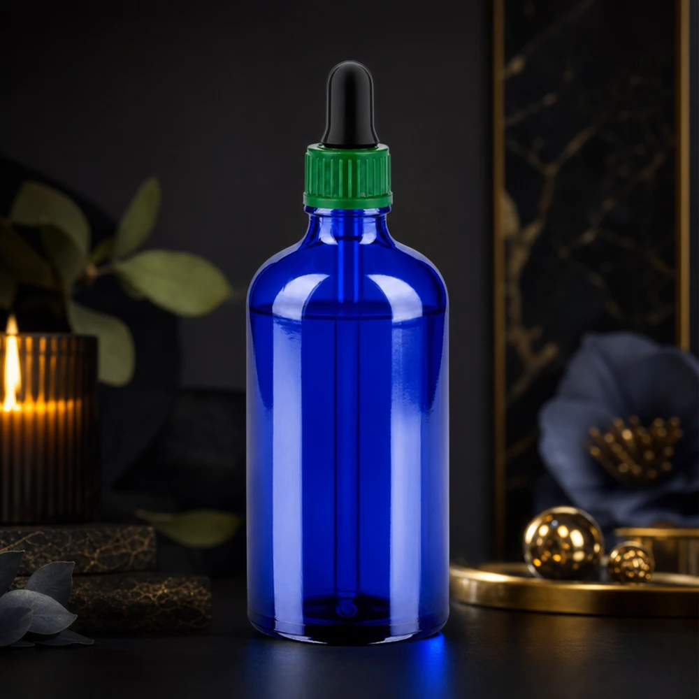 Elegante frasco cuentagotas de 100 ml en azul cobalto con pipeta para una dosificación precisa de los sueros