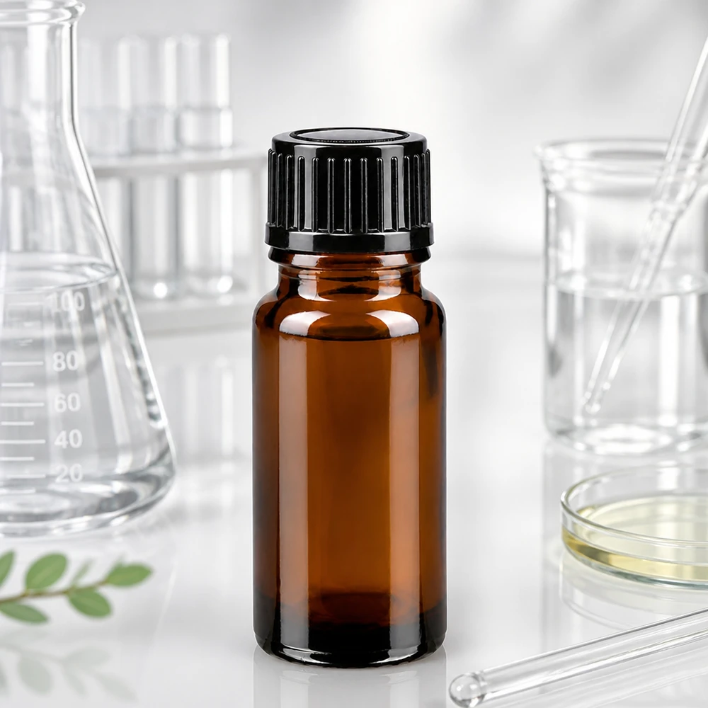 Frasco de farmacia de 10 ml de vidrio ámbar con tapón STD negro y orificio cuentagotas de 1 mm en el laboratorio