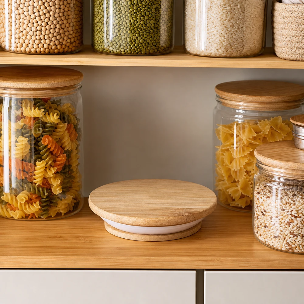 Tapa de madera WECK RR40 roble natural en almacenamiento organizado cocina con tarros para pasta, arroz y legumbres