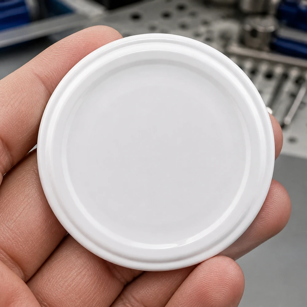 UNiTWIST TO58 blanco, BioSeal, sin BPA, unitemp UNiTWIST TO58, tapa BioSeal blanca de 58 mm, primer plano de la parte inferior, estructura acanalada, sin BPA ni NI