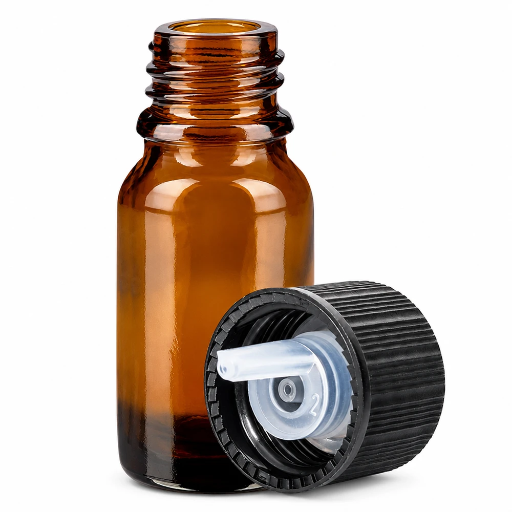 Frasco de vidrio marrón de 10 ml con tapón cuentagotas negro para dosificar líquidos con precisión