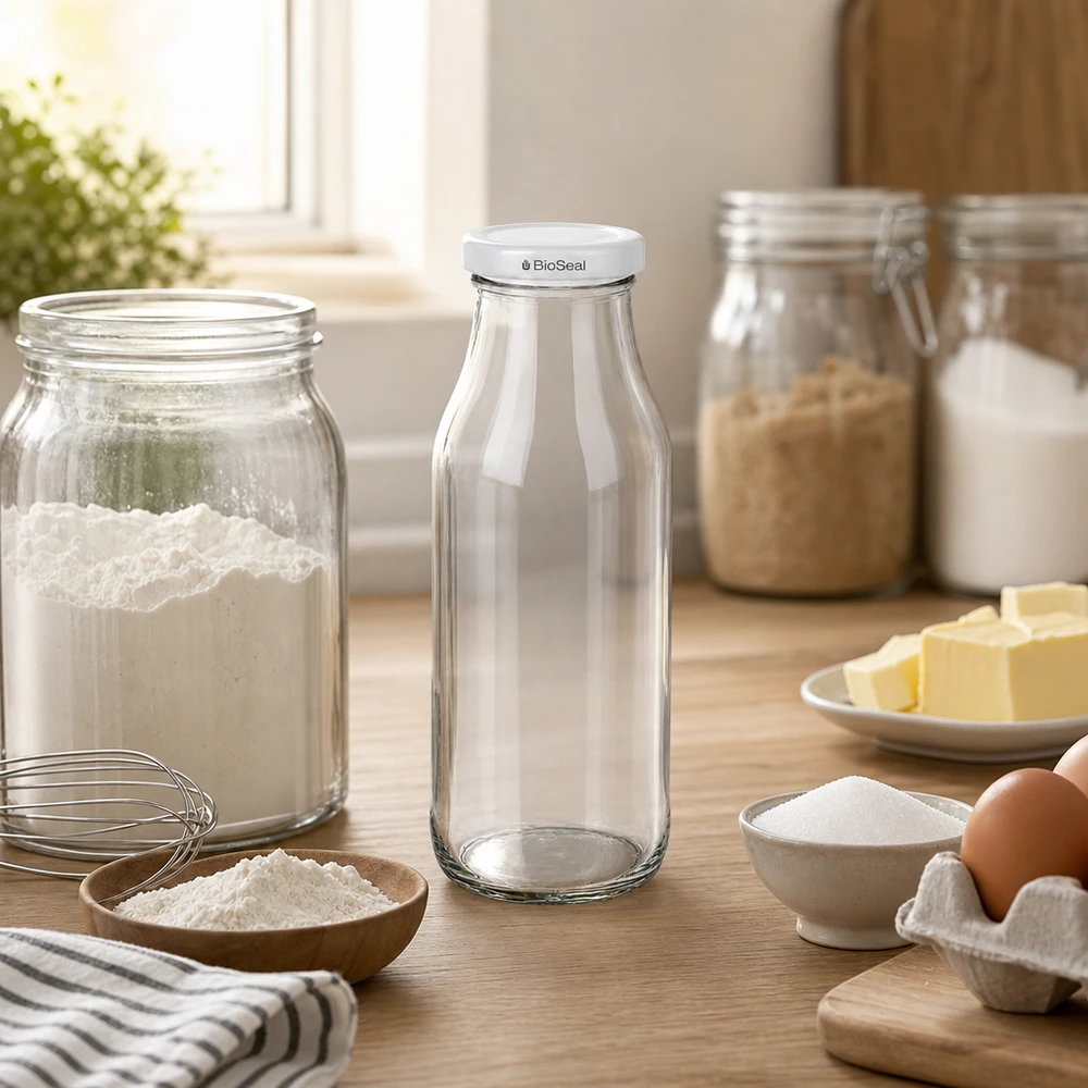 Botella de 263ml con tapa blanca UNiTWIST BioSeal Botella UNiTWIST263 botella de vidrio vacía con tapa blanca BioSeal sobre mesa de madera entre ingredientes para hornear y utensilios de cocina.