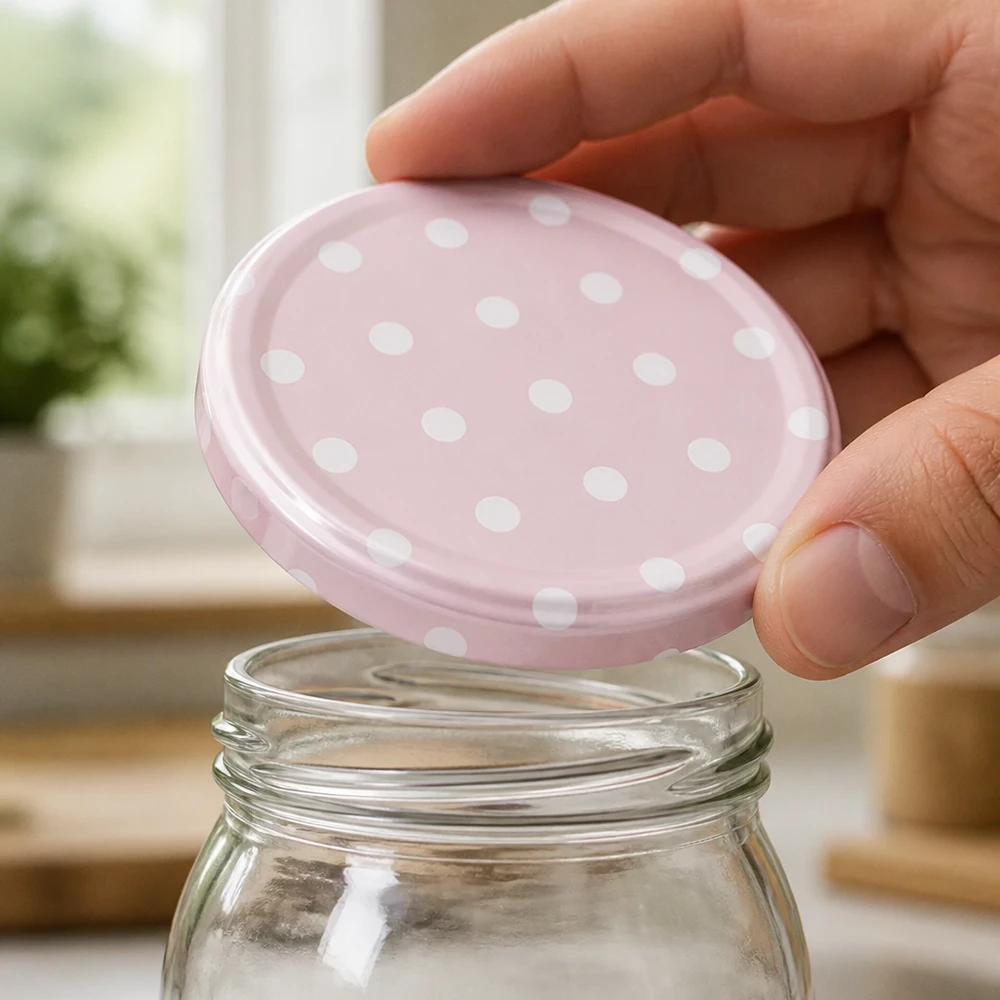 BasicSeal TO58: tapa para tarros de 58 mm, rosa mate con diseño de puntos, primer plano del cierre