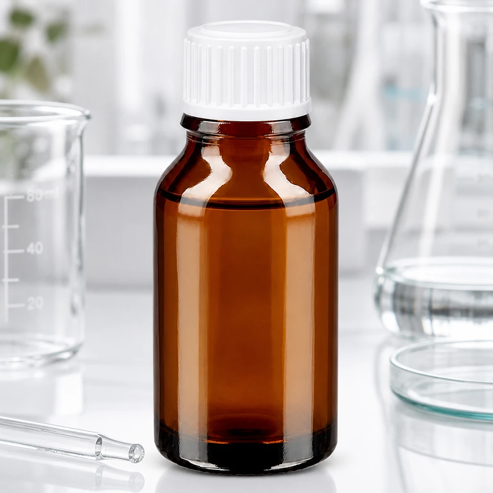 Frasco médico de vidrio ámbar de 15 ml con tapón de rosca blanco en el laboratorio