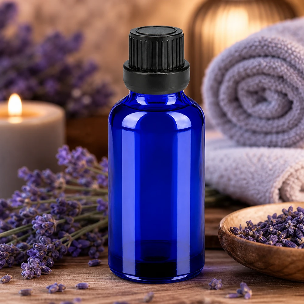 Frasco de vidrio azul de 30 ml con tapón cuentagotas para aceite de lavanda y aceites esenciales
