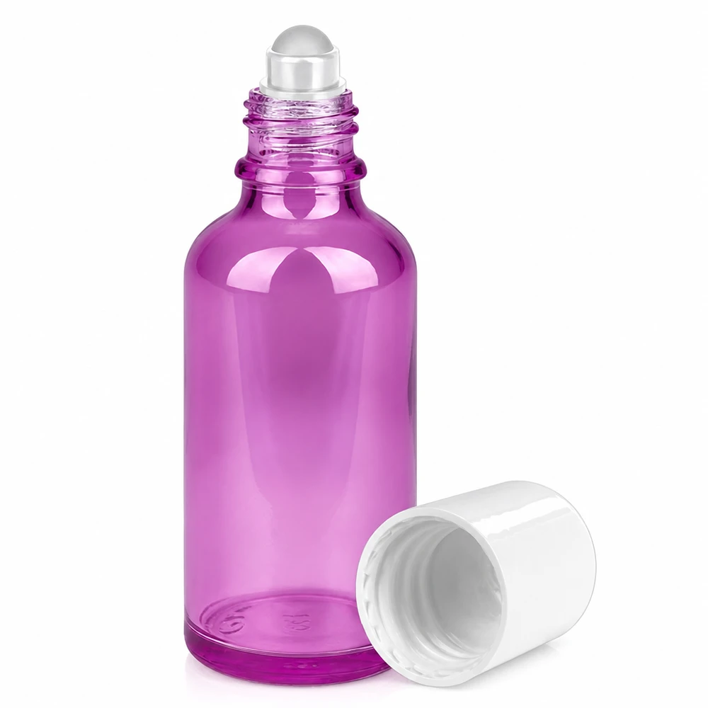 Frasco roll-on de 50 ml blanco estándar PurpleLine UT18/50 Frasco Roll-on 50ml violeta transparente con bola rodante para aceites esenciales y sueros