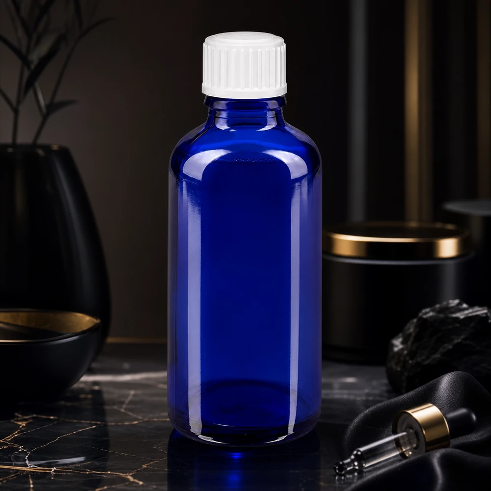 Botella de farmacia azul 50ml tapón de rosca blanco glóbulos estándar Frasco de farmacia azul cobalto de 50 ml, fabricado en vidrio de alta calidad, con tapón cuentagotas blanco y abertura de 3 mm