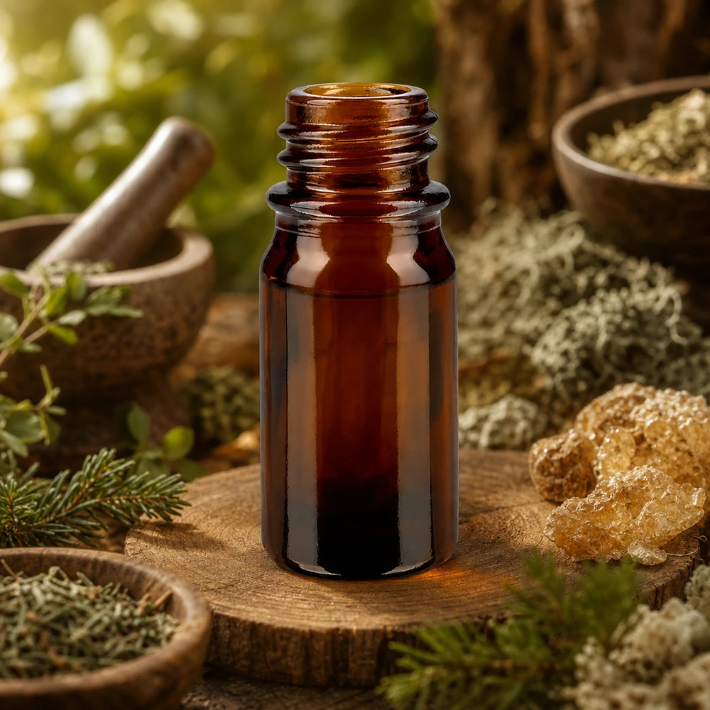 Frasco de farmacia ApoGlas marrón de 5ml sobre tronco de árbol con cristales naturales hierbas y mortero en ambiente de bosque