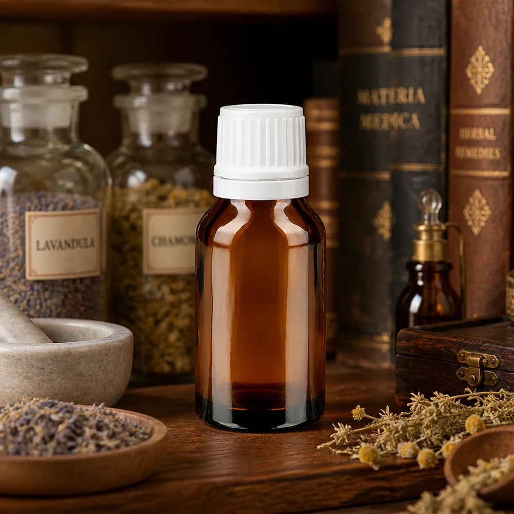 Botella de farmacia marrón 15ml tapón cuentagotas 1,2mm blanco cierre inviolable Frasco cuentagotas de 15 ml de color ámbar con tapón de rosca blanco, que aparece en los libros de Materia Médica