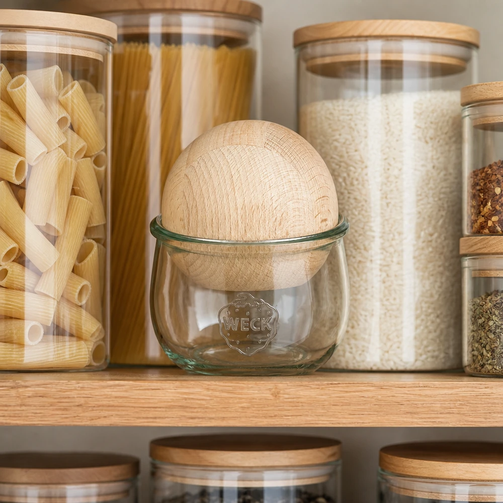 WECK tarro tulipán 580ml RR100 con bola de madera de haya en almacenamiento organizado cocina entre tarros para pasta y arroz