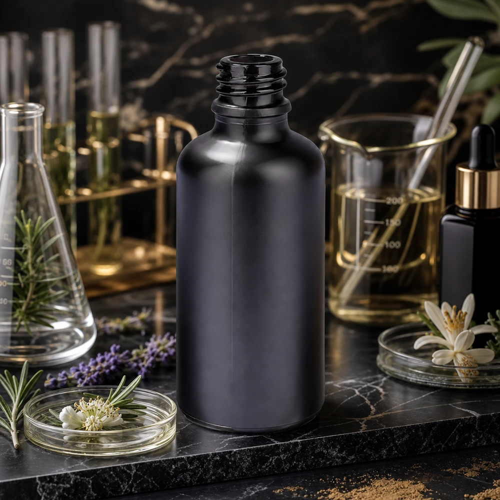 Frasco boticario de 50ml BlackLine UT18/50 UNiTWIST Elegante frasco boticario de 50 ml BlackLine UT18/50 UNiTWIST con superficie mate para aromaterapia