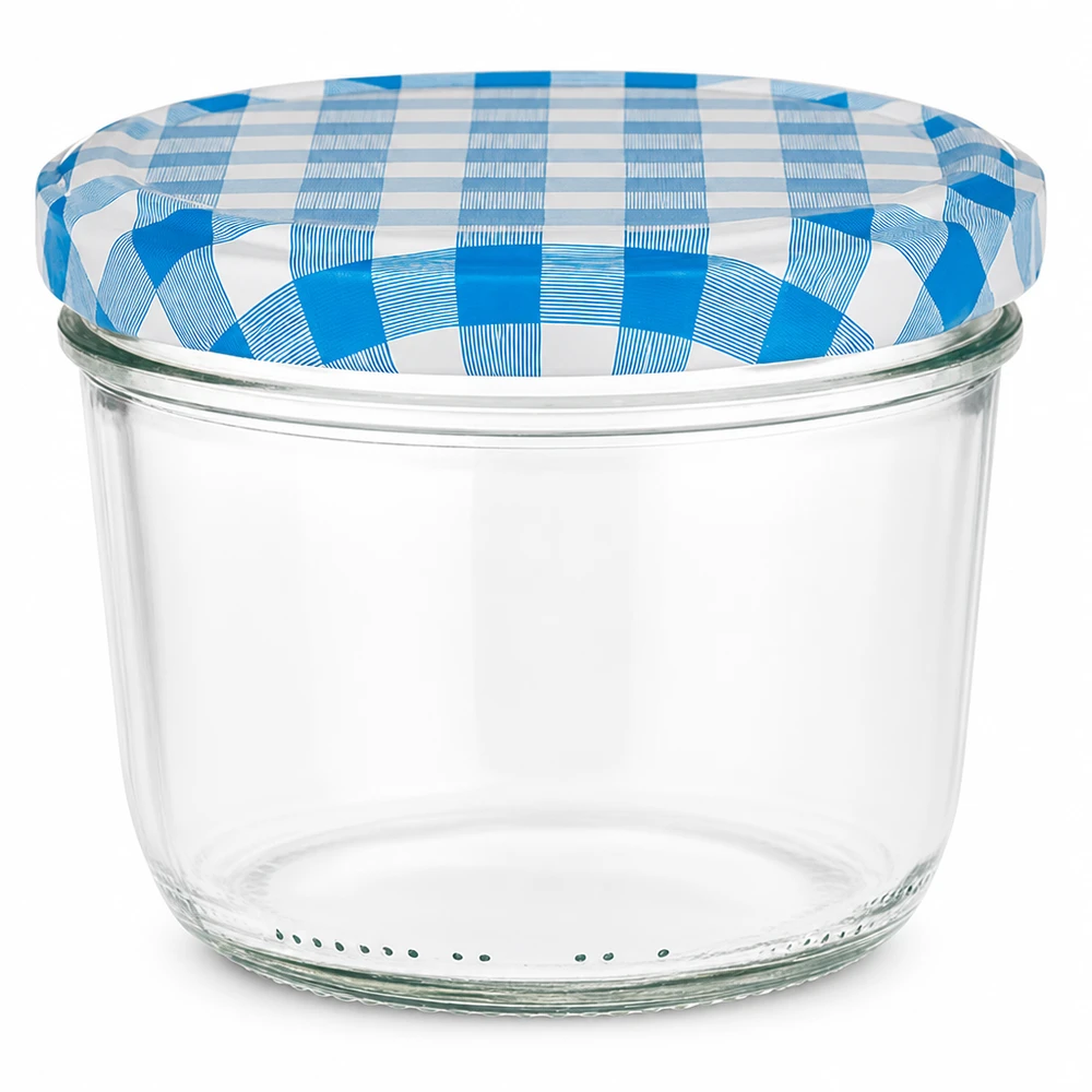 Vasos 230ml + tapa BasicSeal azul/blanco UNiTWIST Vasos de 230 ml con tapa BasicSeal a cuadros azules y blancos para mermeladas y conservas
