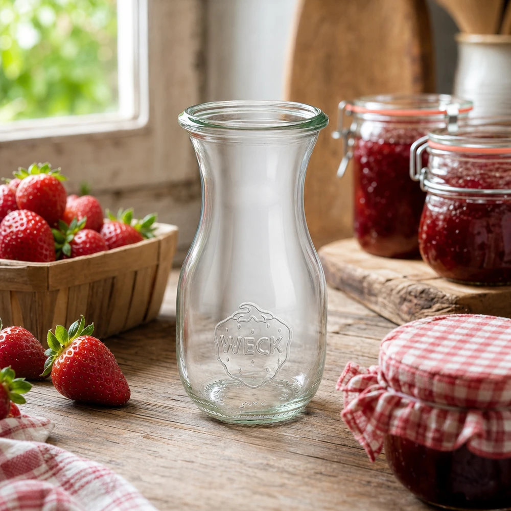 Botella de zumo WECK 290ml RR60 en una cocina rústica con fresas frescas y mermelada casera