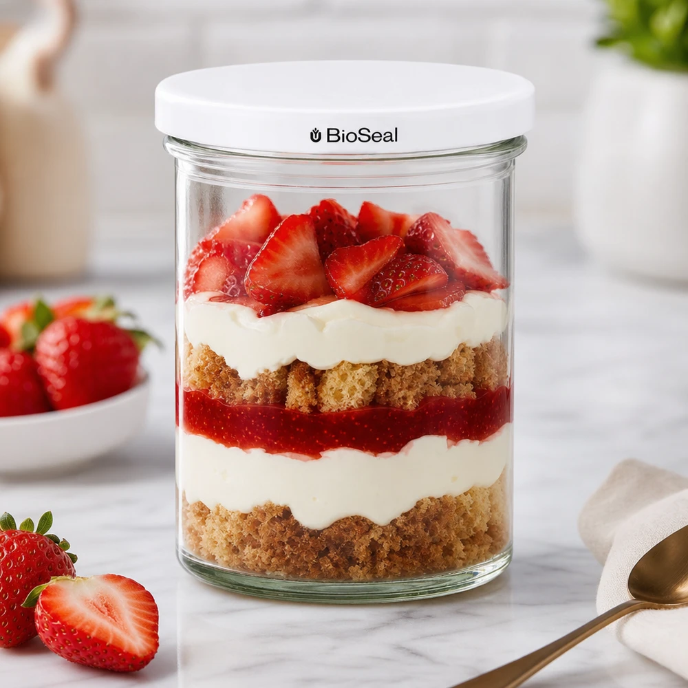 Los vasos UNiTWIST de 435 ml con capas de postre de fresa y bayas frescas muestran una presentación creativa del postre