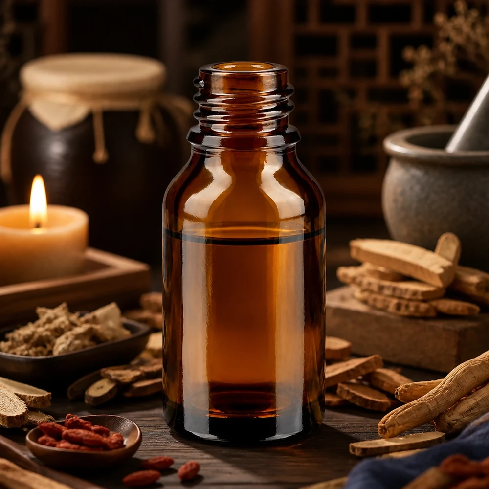 Frasco cuentagotas 15 ml DIN 18 vidrio ámbar Frasco boticario marrón ApoGlas de 15 ml con raíces de ginseng especias y vela en ambiente curativo tradicional