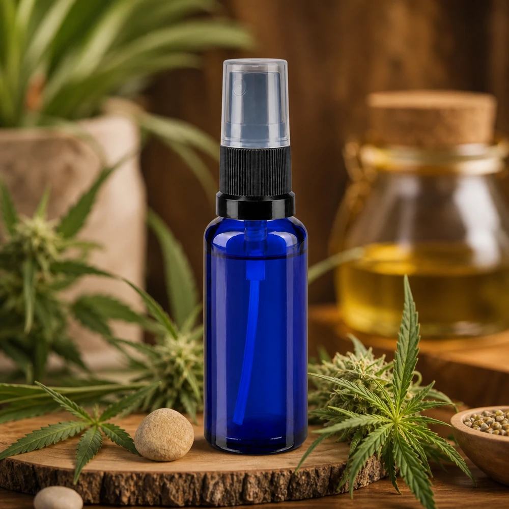 Botella de farmacia azul 30ml pulverizador negro Botella pulverizadora de cristal azul de 30 ml con dosificador de bomba negro, entre plantas de cannabis y semillas de cáñamo