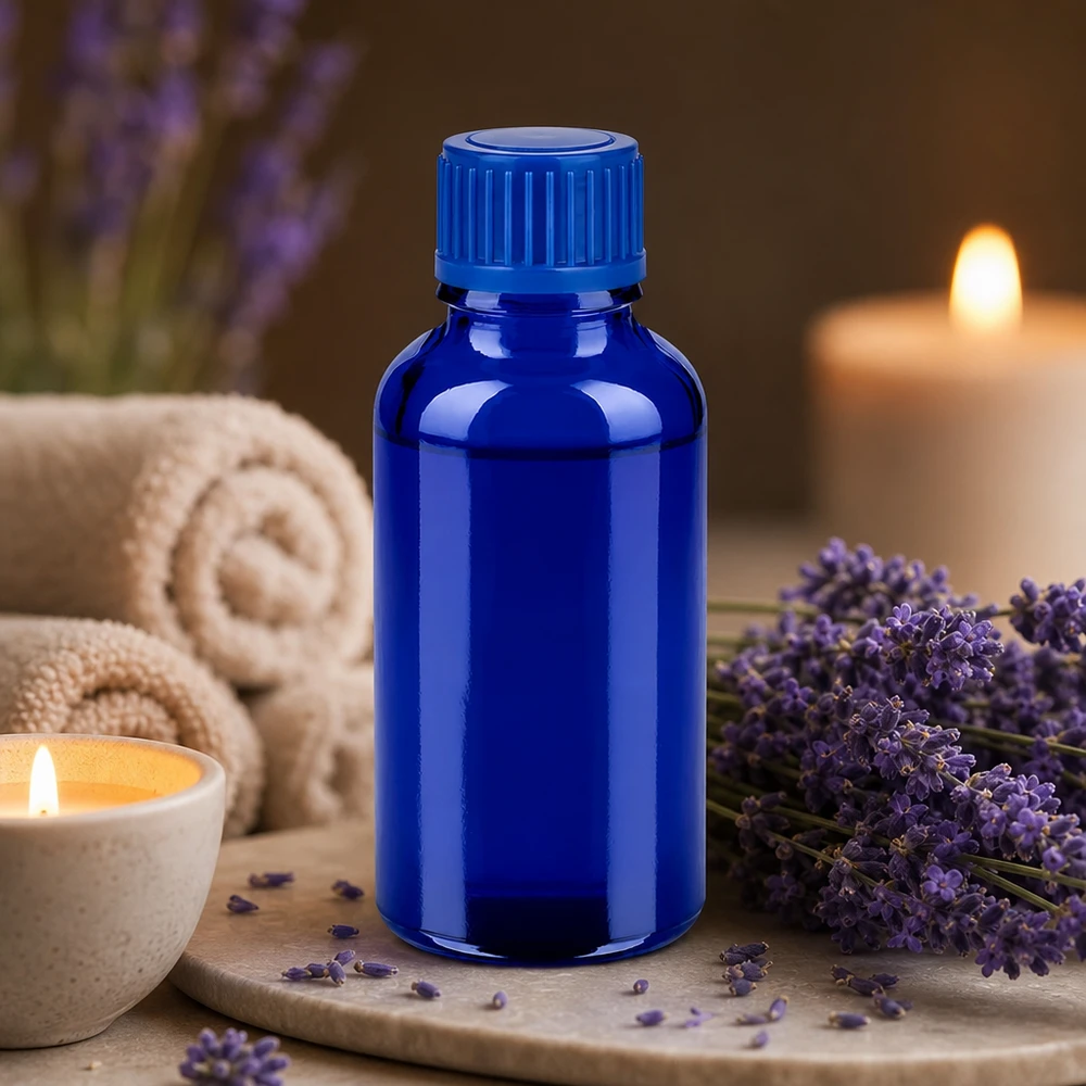 Frasco boticario de 30 ml en azul cobalto de vidrio con protección UV para aromaterapia
